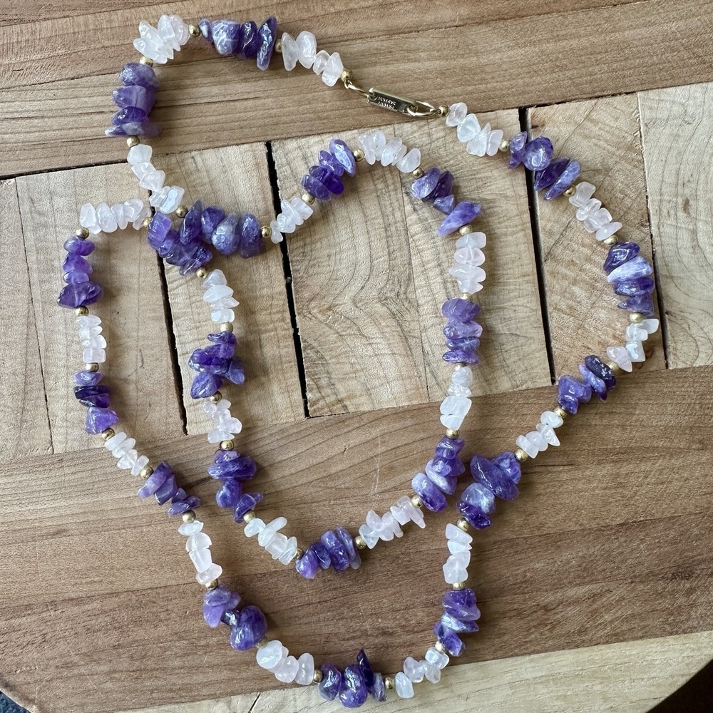 Vintage Hobe Rose Quartz Amethyst Nugget Necklace 28 Inch Gold Tone Bead Spacers